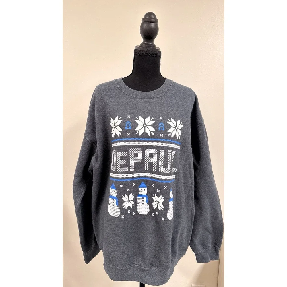 Vintage DePaul Blue Demons Gray Sweatshirt Holiday Snowman Graphic Size Large